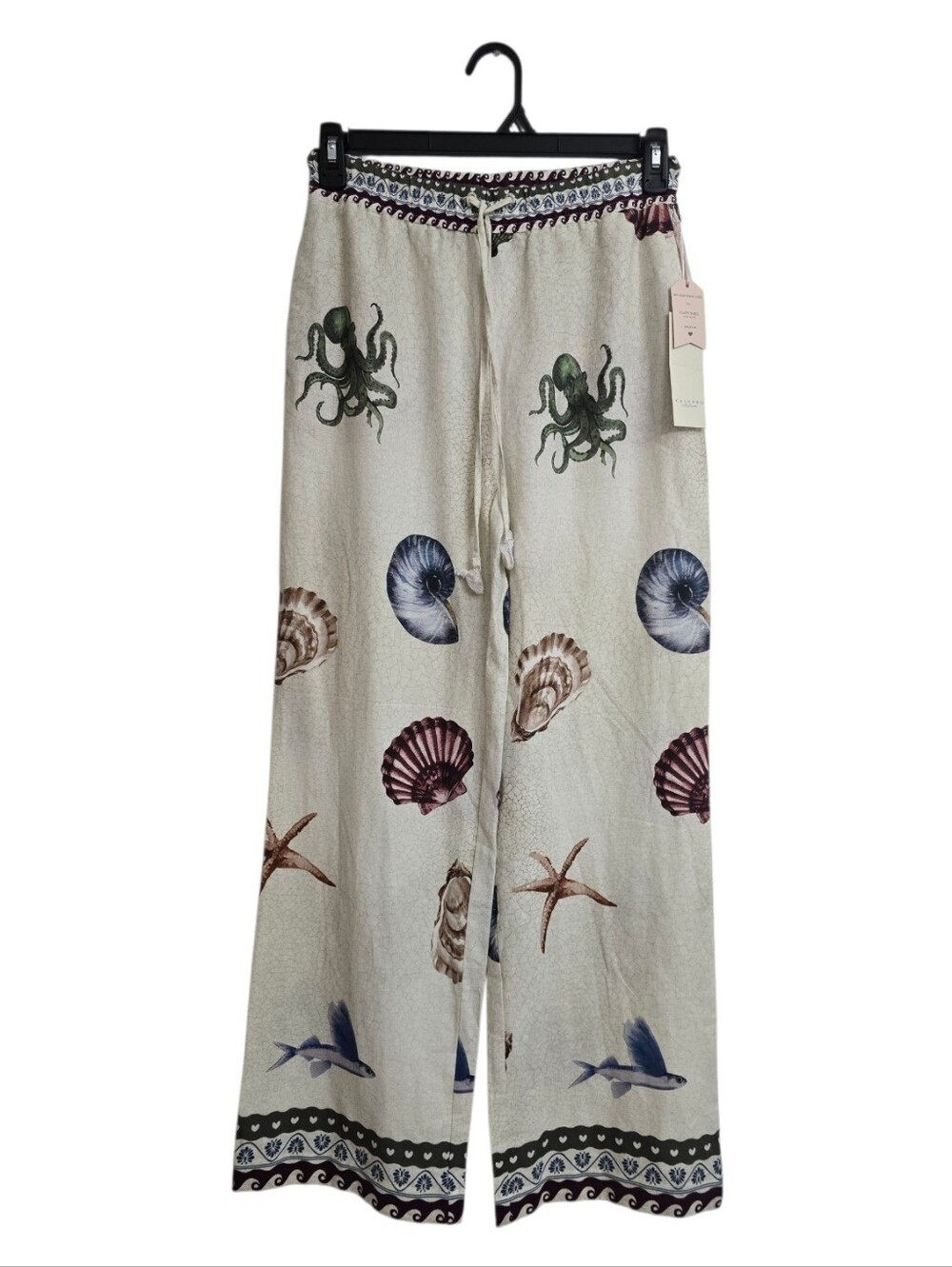 Calypso St. Barth Linen Blend Wide Leg Pants Cream Seashell Octopus Print Size S
